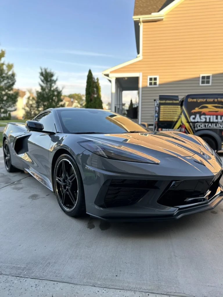 Gray Corvette C8 detailed by Castillo’s Detailing with the mobile detailing trailer in Richmond VA